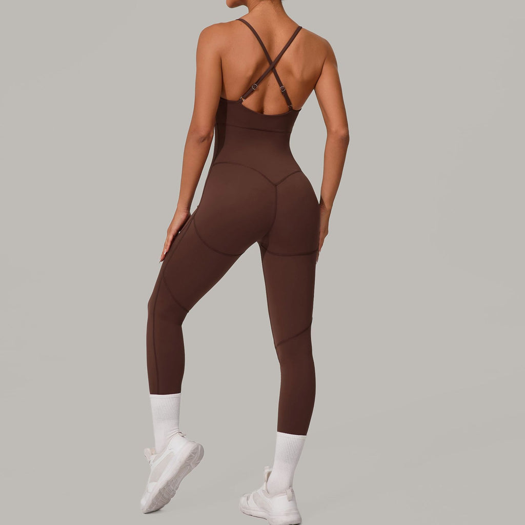 Cross Back Adjustable Strap Summer Yoga Jumpsuit Spliced Fitness Bodysuit