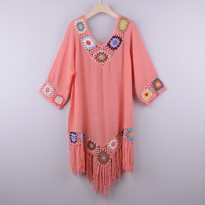 2026 New Women Handmade Crochet Floral Beach Dress Long Style Sunscreen Cover Up