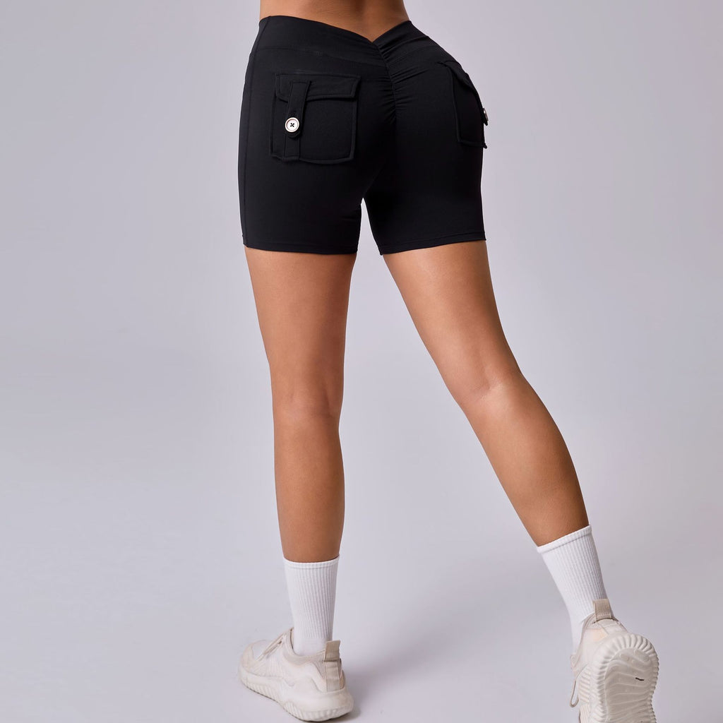 Back V Cargo Pocket Ruched Scrunch Butt Yoga Shorts Tight Fitness Shorts