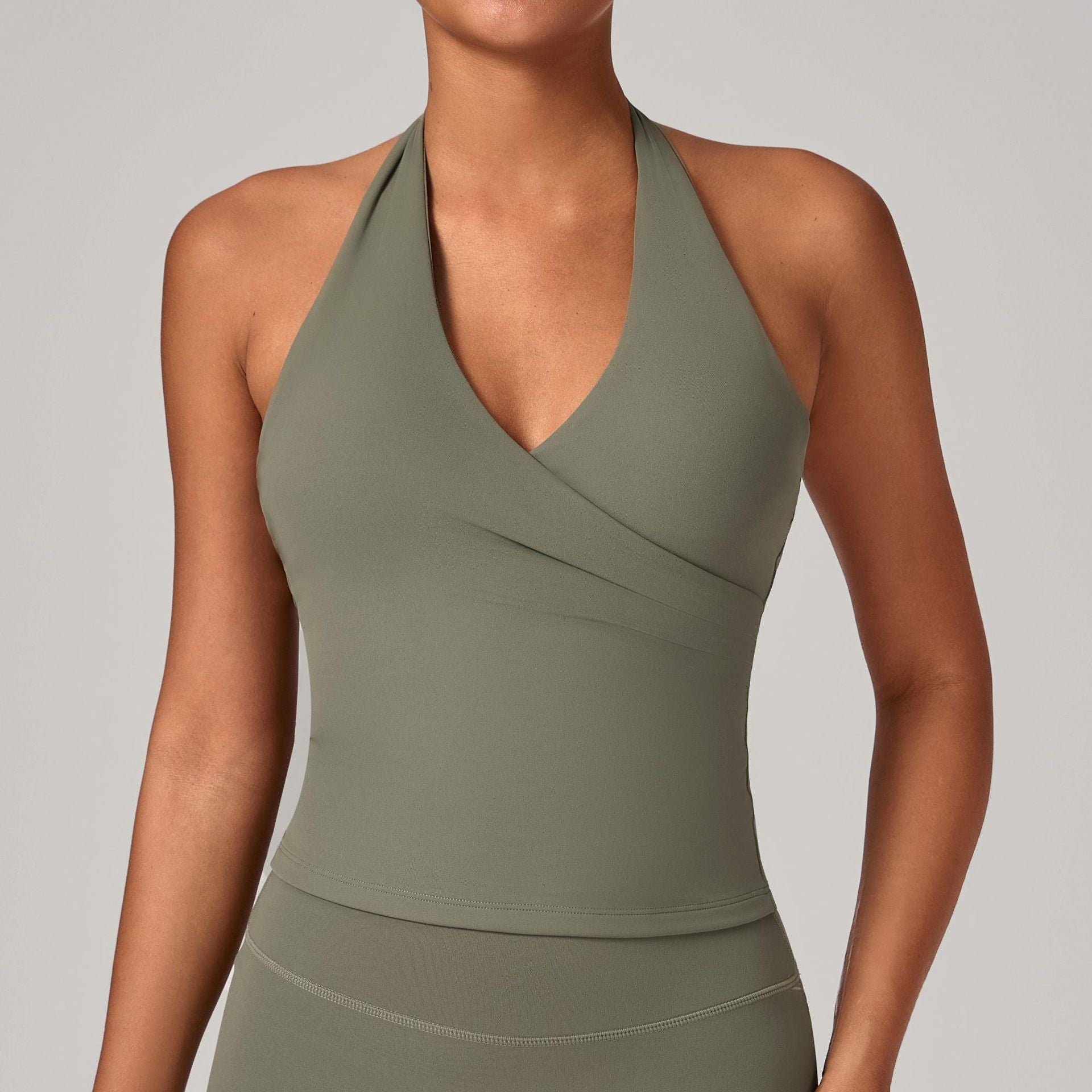 Ruched V-Neck Halter Yoga Tank | Slim Fit Cross Back Running & Fitness Sports Bra