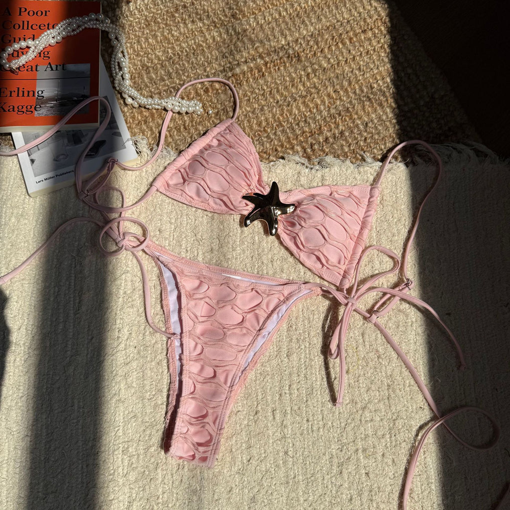 2026 Sexy Open Back Mesh Patchwork Bikini | Drawstring Tie-Up Split Swimwear