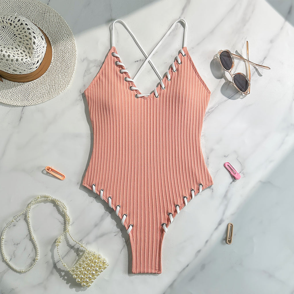 2026 Color Block Lace-Up Sexy One-Piece Swimsuit | Strappy Bikini Style