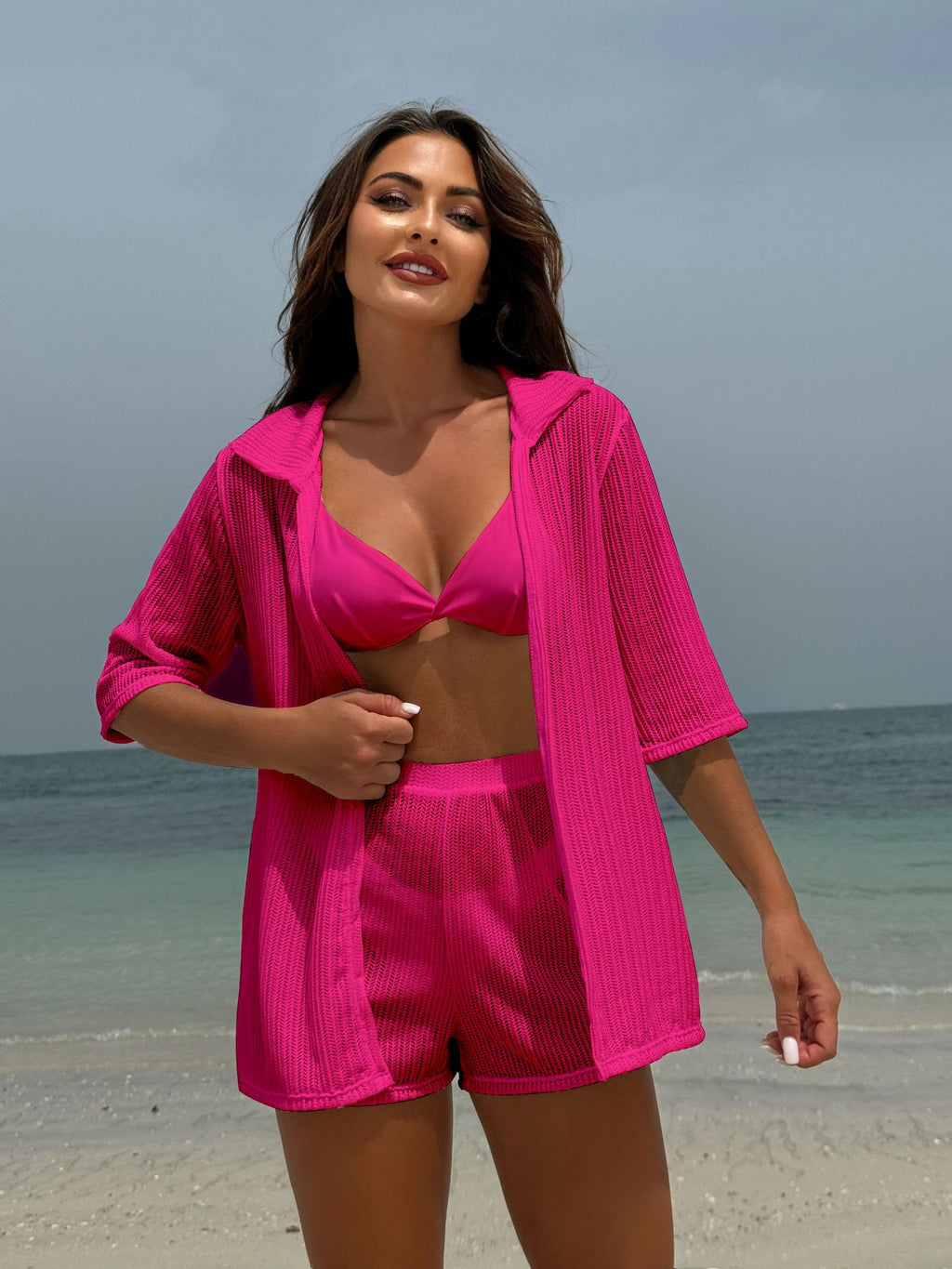 2026 Solid Color Beach Sun Protection Mesh Shirt & Shorts | Four-Piece Swimwear Set