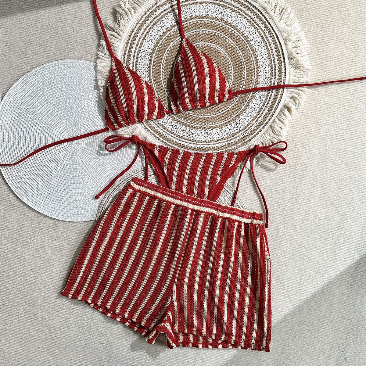 2026 Fashion Sexy Striped Tie Side Bikini Set Three Piece Beach Swimsuit For Women