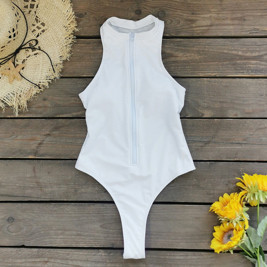 2026 Solid Color Zip Sleeveless One-Piece Surf Swimsuit | Integrated Women Swimwear