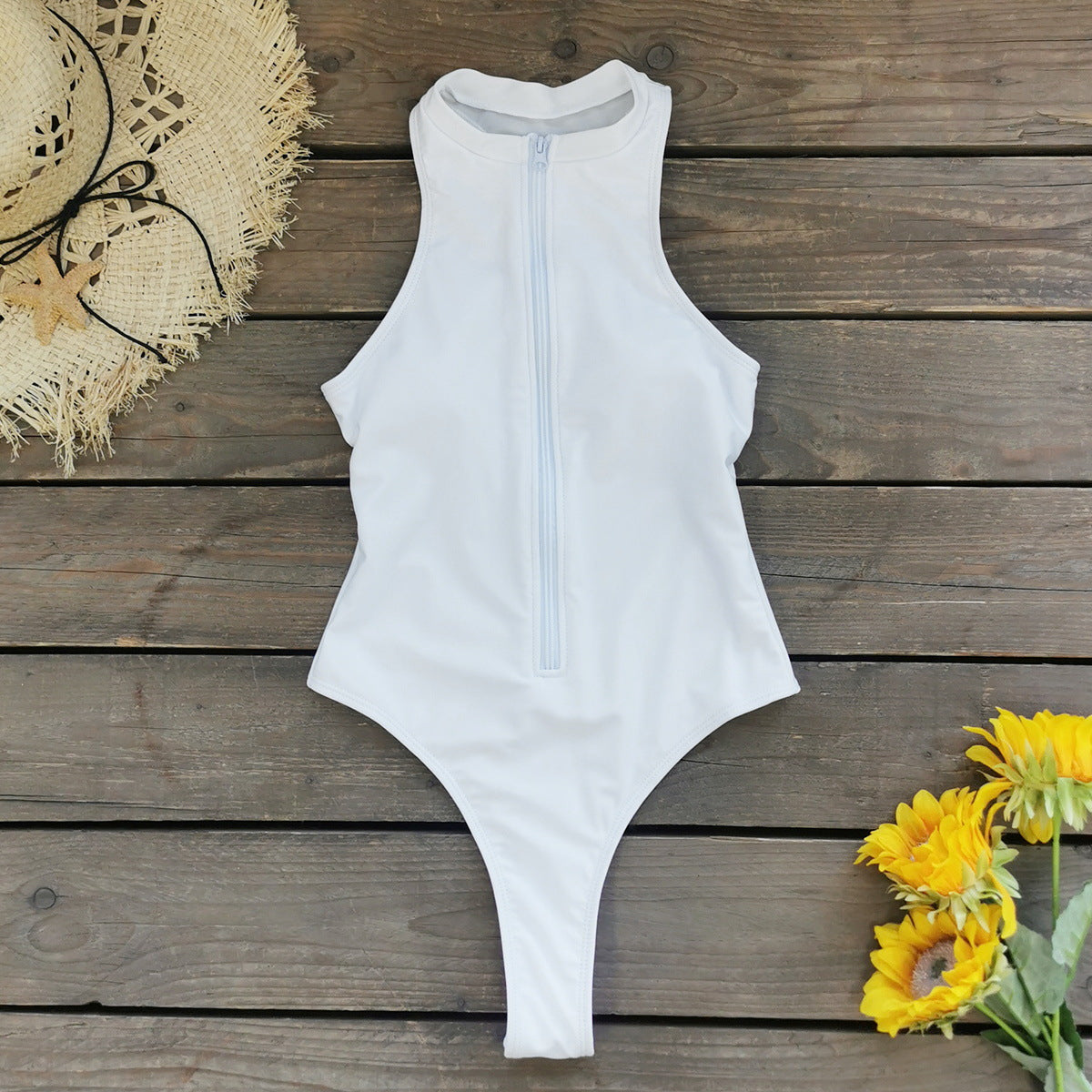 2026 Solid Color Zip Sleeveless One-Piece Surf Swimsuit | Integrated Women Swimwear