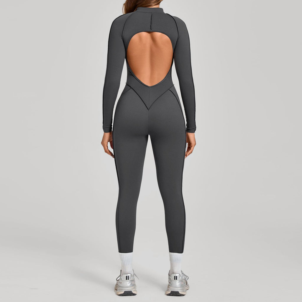 3D Panel Half-Zip Long Sleeve Yoga Jumpsuit Backless Tight Fitness One-Piece