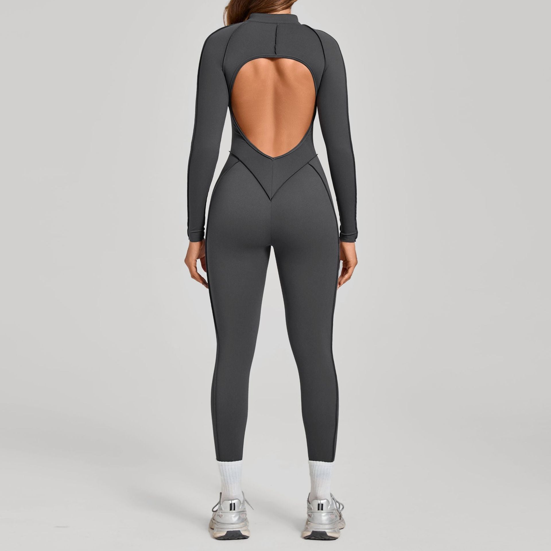 3D Panel Half-Zip Long Sleeve Yoga Jumpsuit Backless Tight Fitness One-Piece