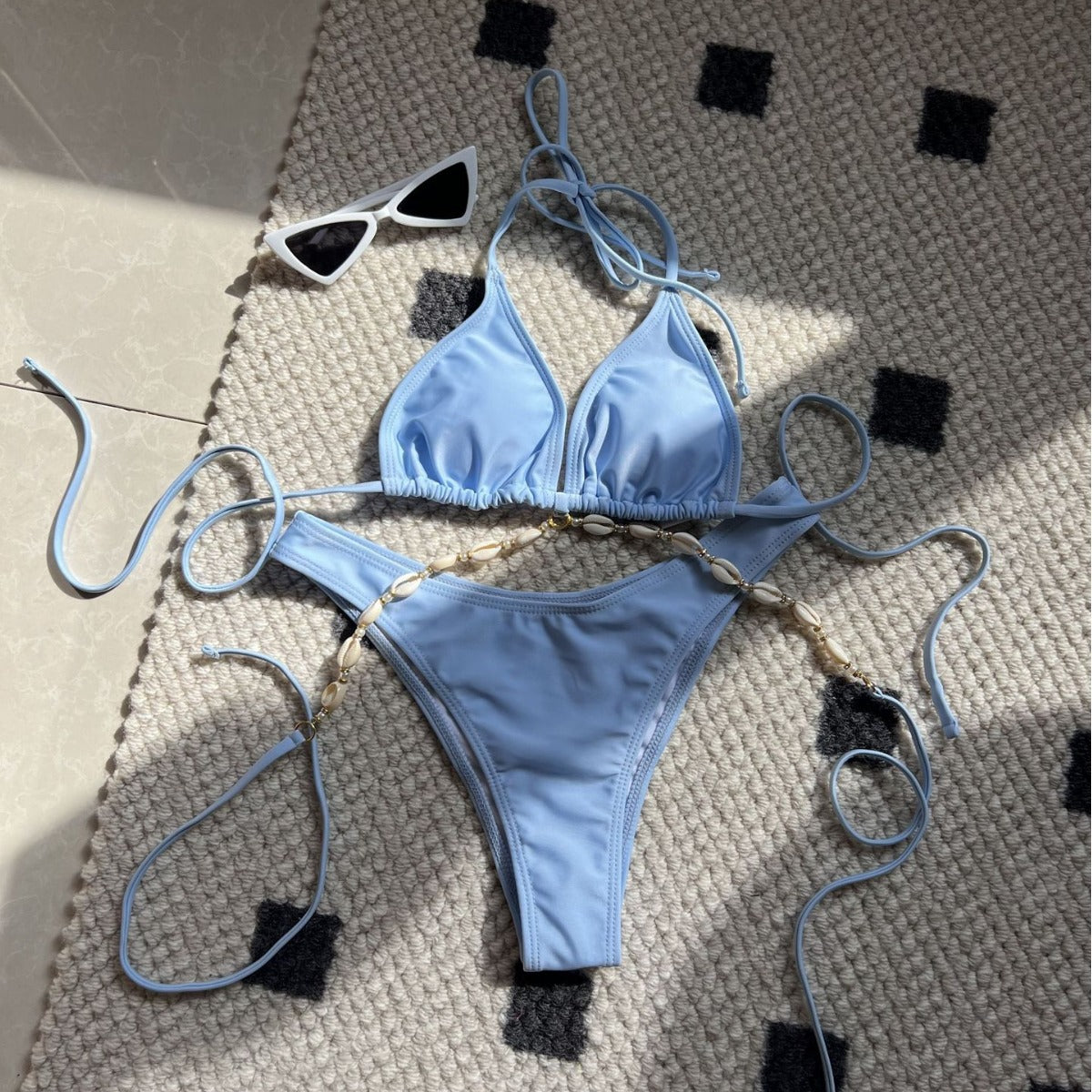2026 Plain Color Sexy Shell Chain Bikini Set Two Piece High Waist Split Swimsuit