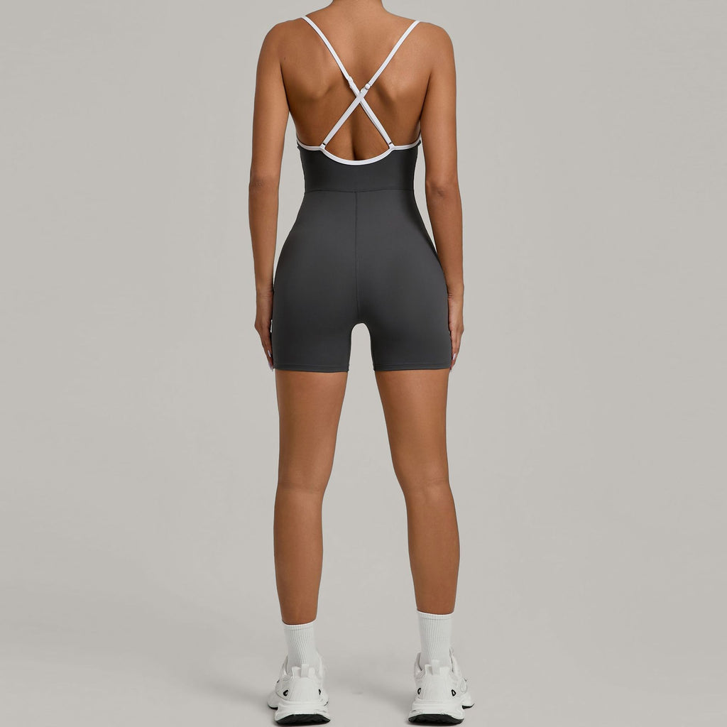 Color Block Cross Strap Scrunch Butt Yoga Jumpsuit Running Fitness Wear