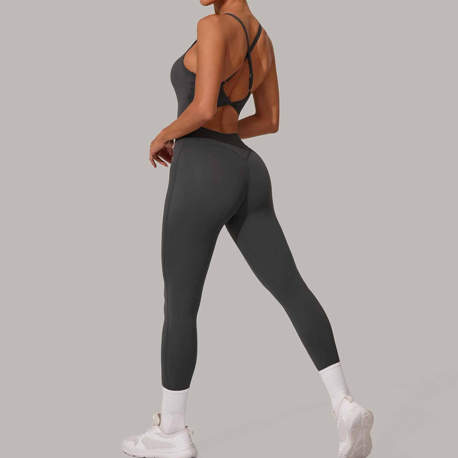 Adjustable Buckle Cross Waist-Cinching Scrunch Butt Yoga Jumpsuit Tight-Fit Workout Bodysuit