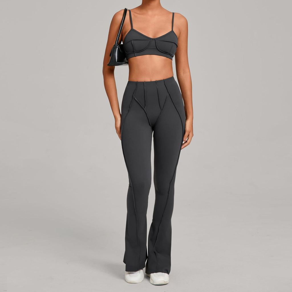 Brushed Sports Bra & Pants Yoga Set | 3D Patchwork Running Fitness Two-Piece