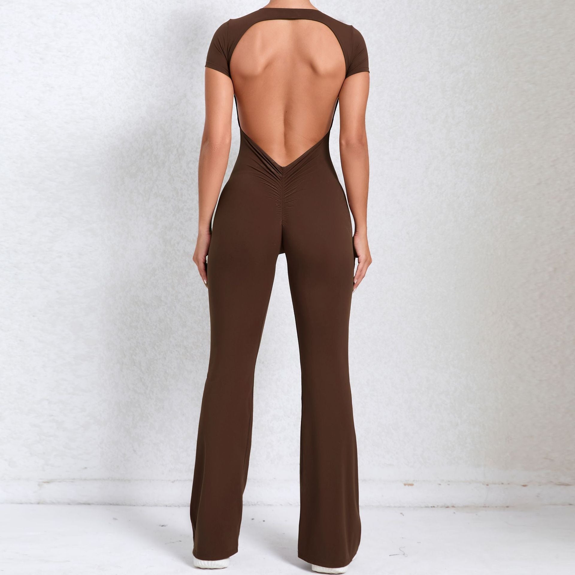 Backless Short Sleeve Bare-Feel Yoga Jumpsuit Flared Tight Gym Wear