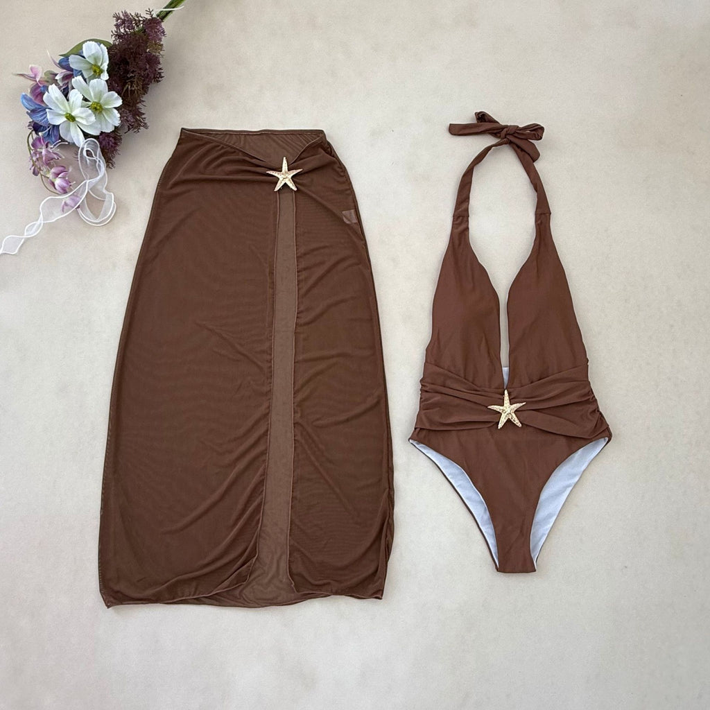 2026 Solid Color One-Piece Slit Mesh Dress Bikini | Halter Summer Swimwear