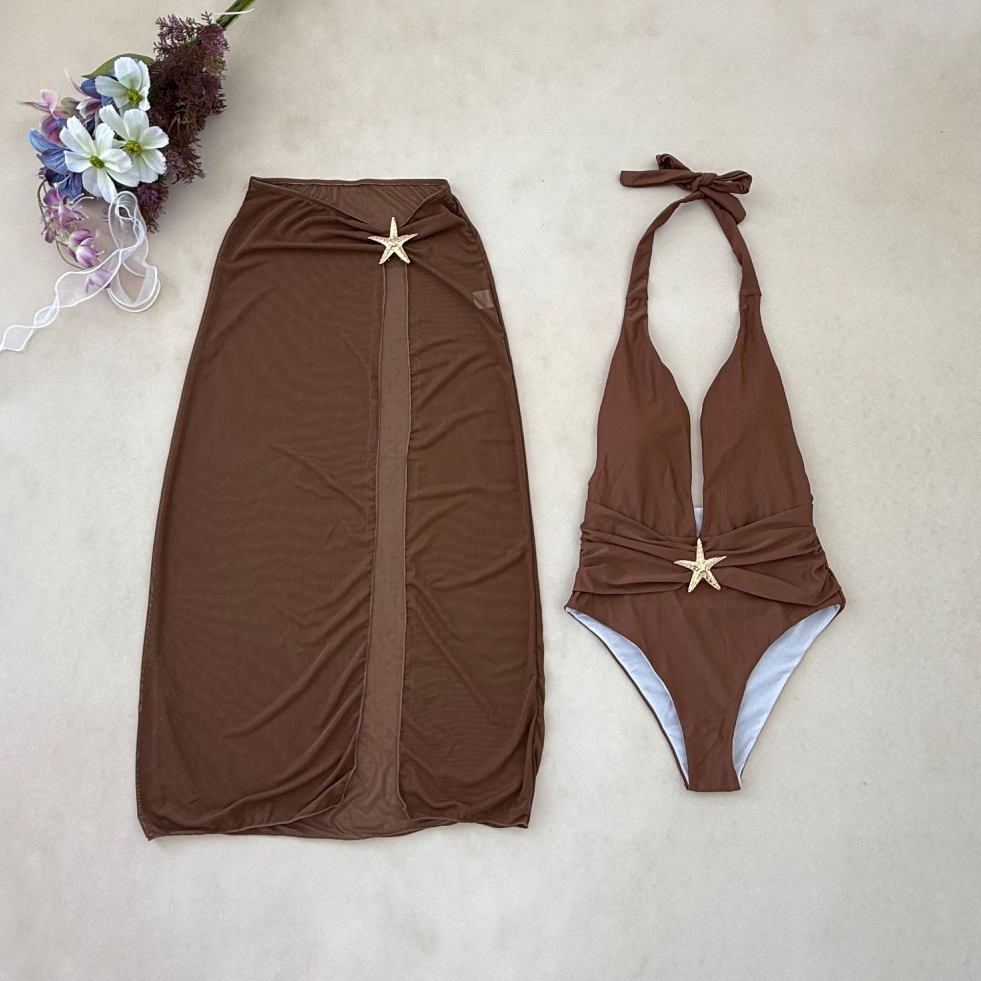 2026 Solid Color One-Piece Slit Mesh Dress Bikini | Halter Summer Swimwear