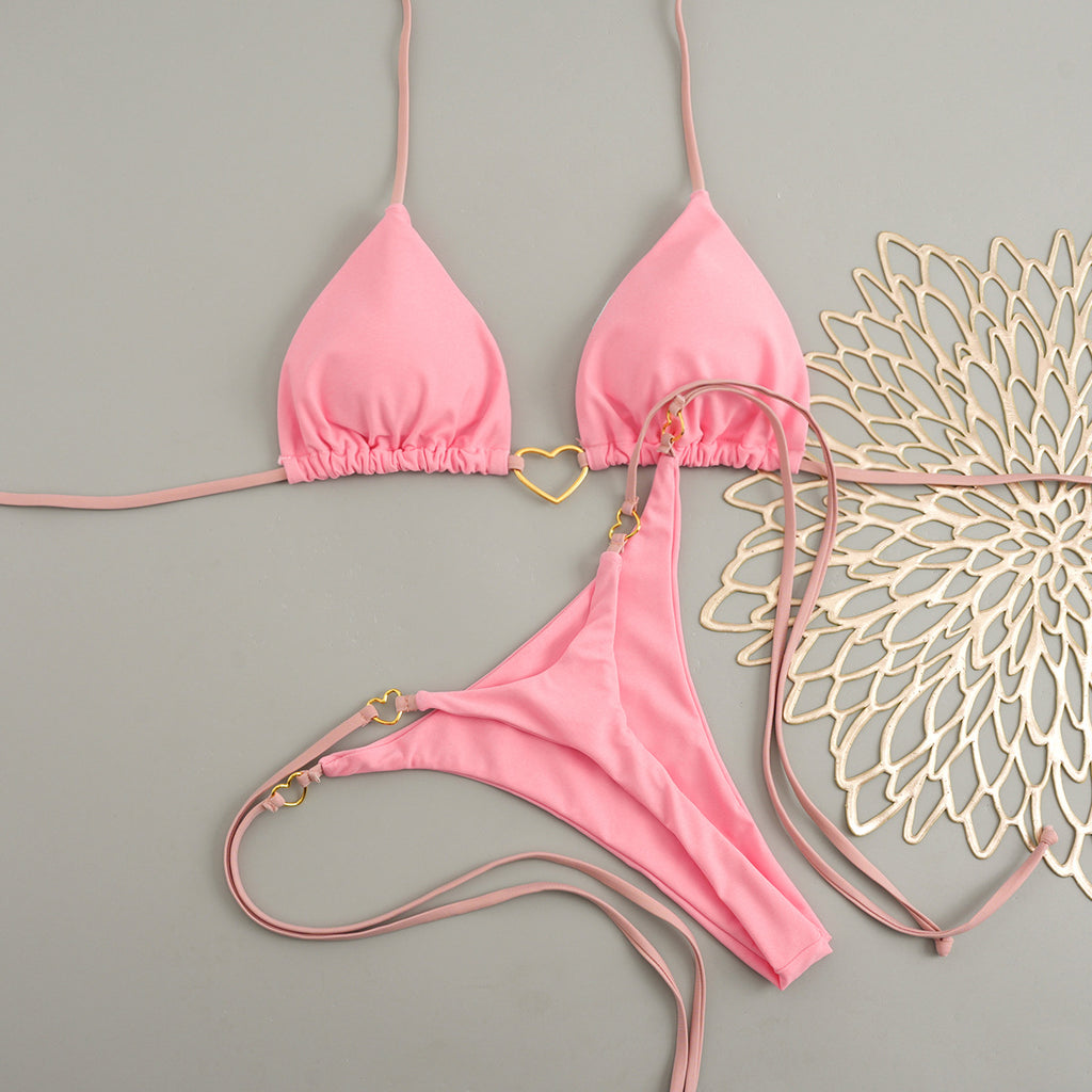 2026 Metal Accent Halter Push-Up Bikini | Sexy Solid Color Two-Piece Swimwear