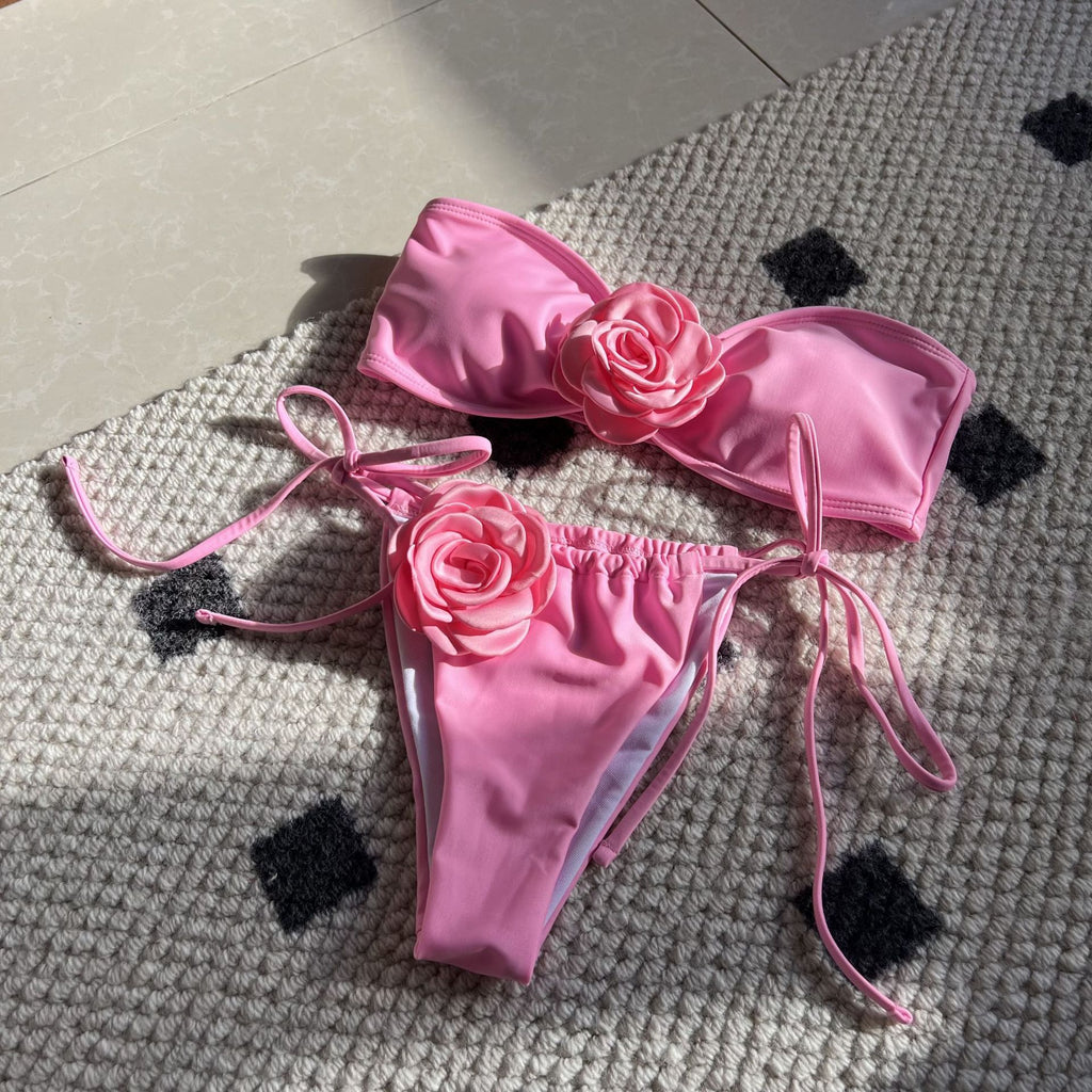 2026 Solid Color Rose Bandeau Drawstring Bikini Set Two Piece Split Swimsuit