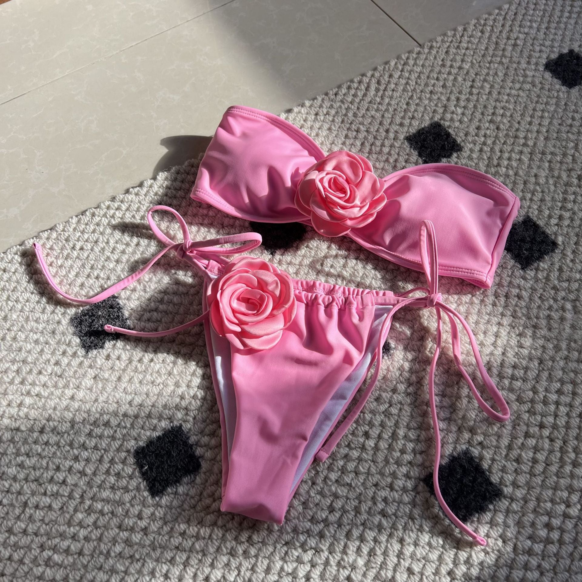 2026 Solid Color Rose Bandeau Drawstring Bikini Set Two Piece Split Swimsuit