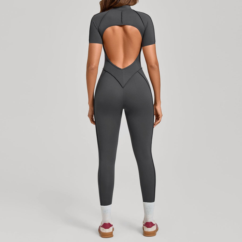 High-Neck Half-Zip Short Sleeve Yoga Jumpsuit Tummy Control Fitness Bodysuit