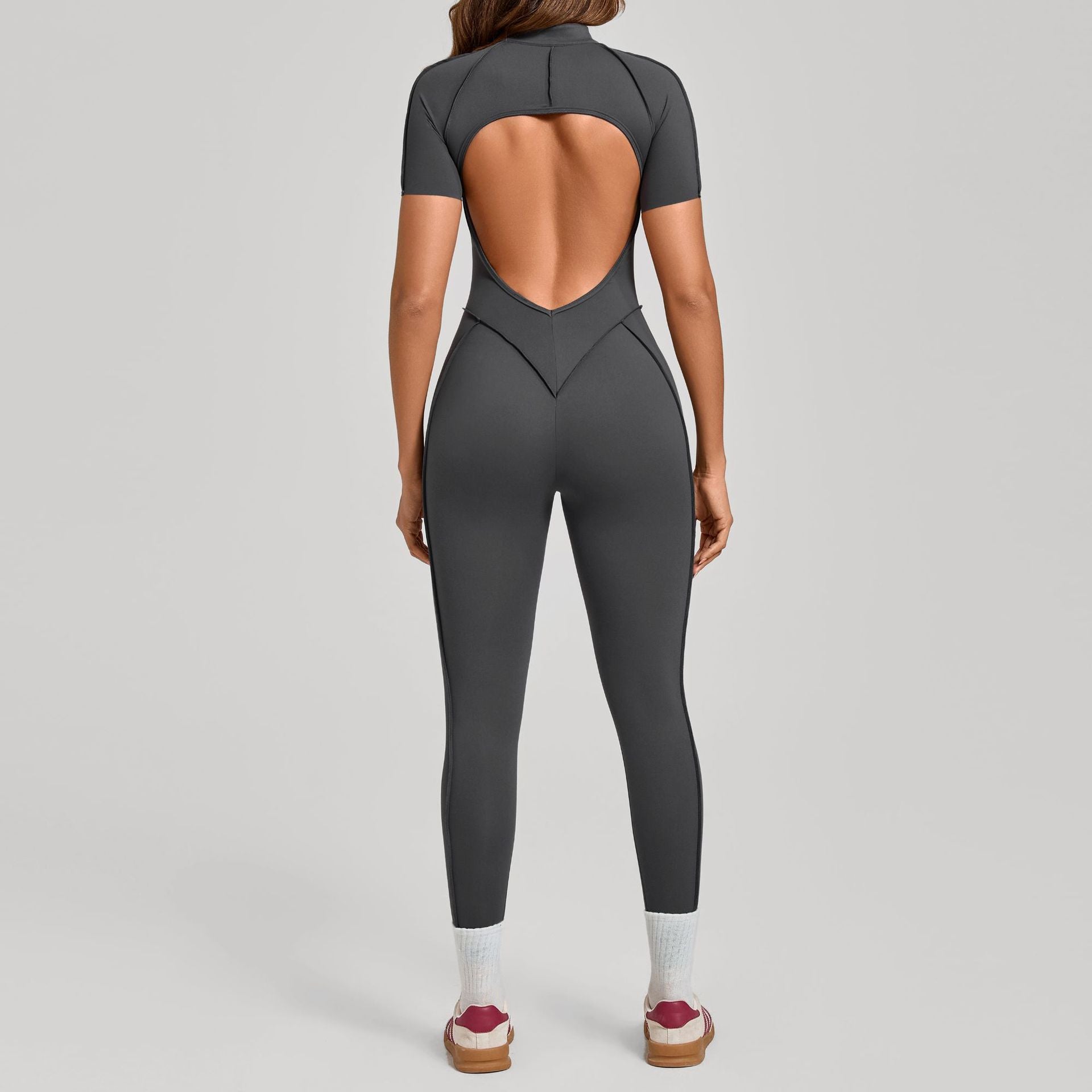 High-Neck Half-Zip Short Sleeve Yoga Jumpsuit Tummy Control Fitness Bodysuit