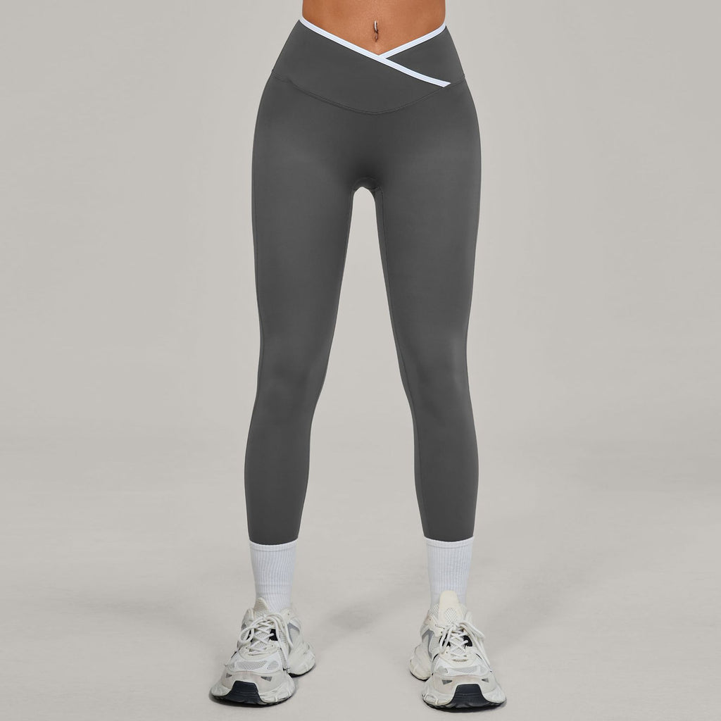 EU & US Naked-Feel Yoga Leggings | Cross High-Waist Color Block Running Pants 50402