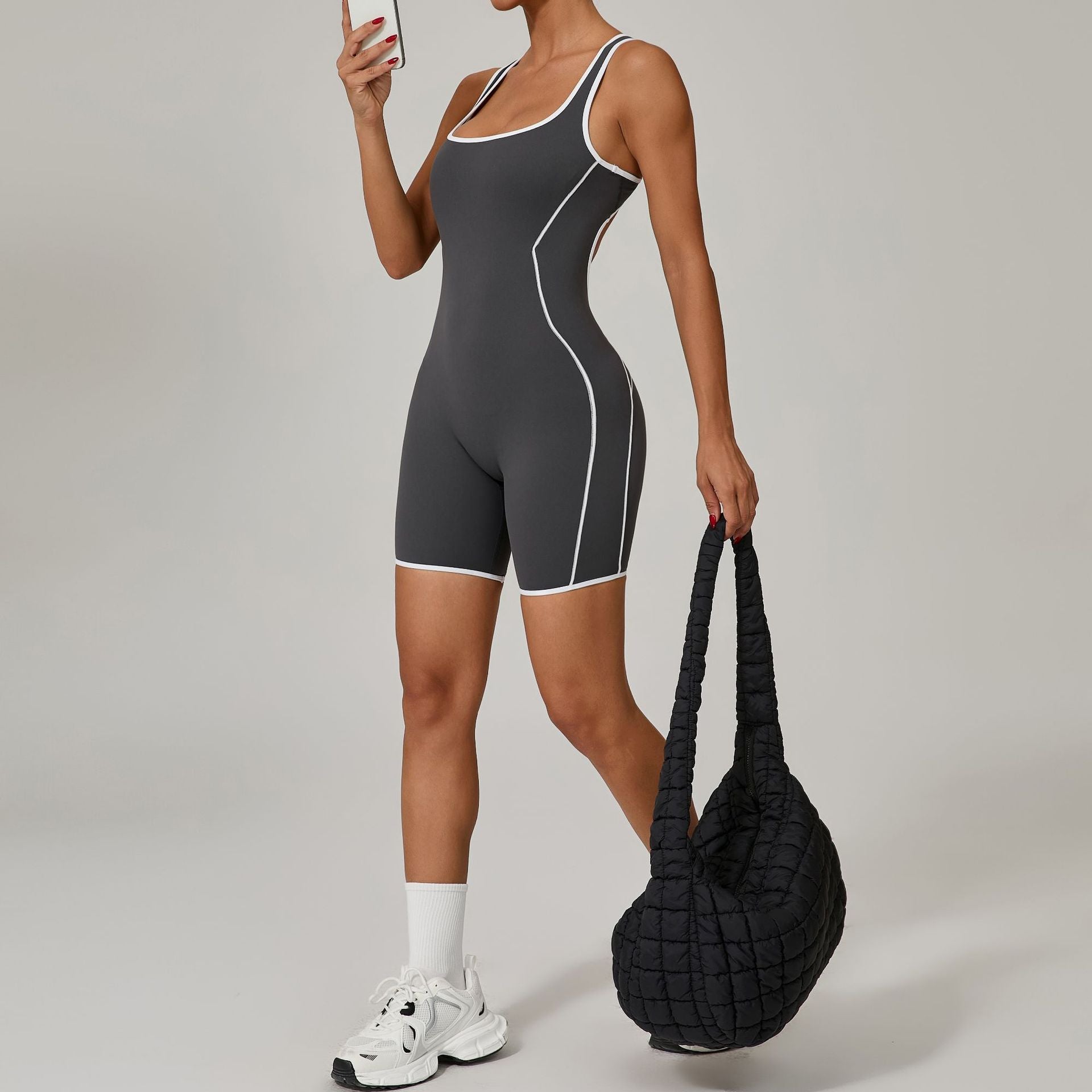 Summer Color Block Backless Yoga Jumpsuit Scrunch Butt Sculpting Bodysuit