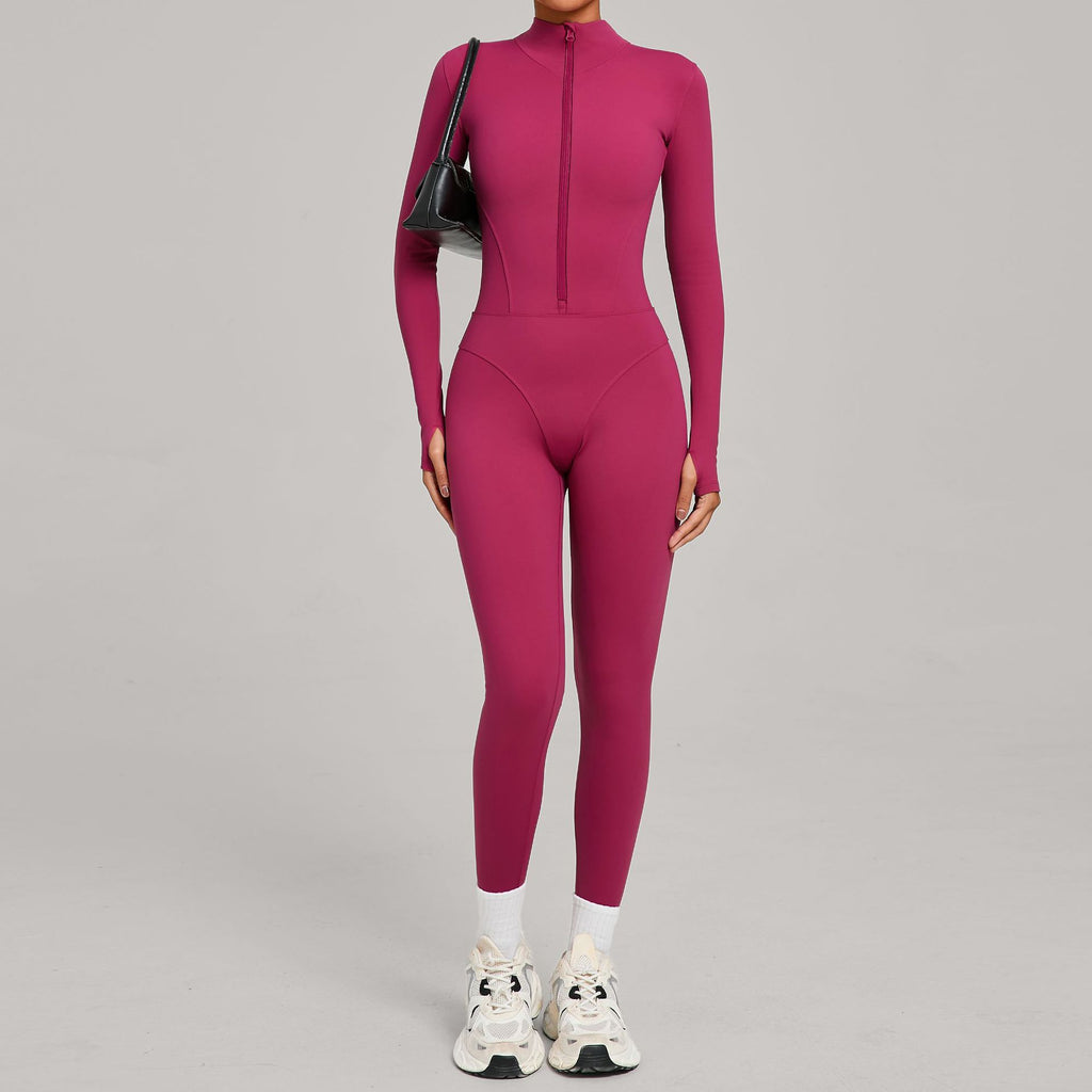 High-Neck Half-Zip Fleece Yoga Jumpsuit Outdoor Warm Running Fitness Wear