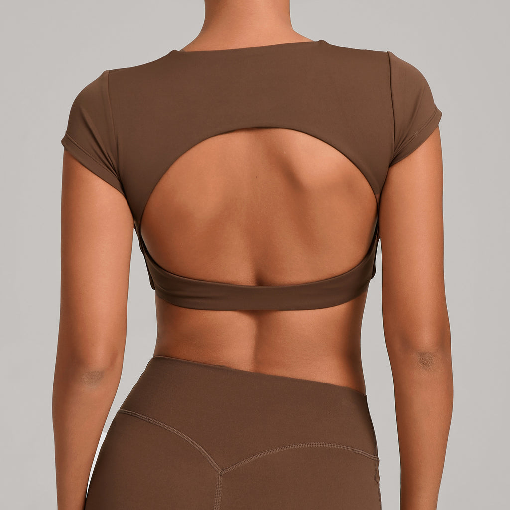 Backless Running Yoga Top｜Double-Stitched Tight Fit No-Bra Short Sleeve Activewear for Women