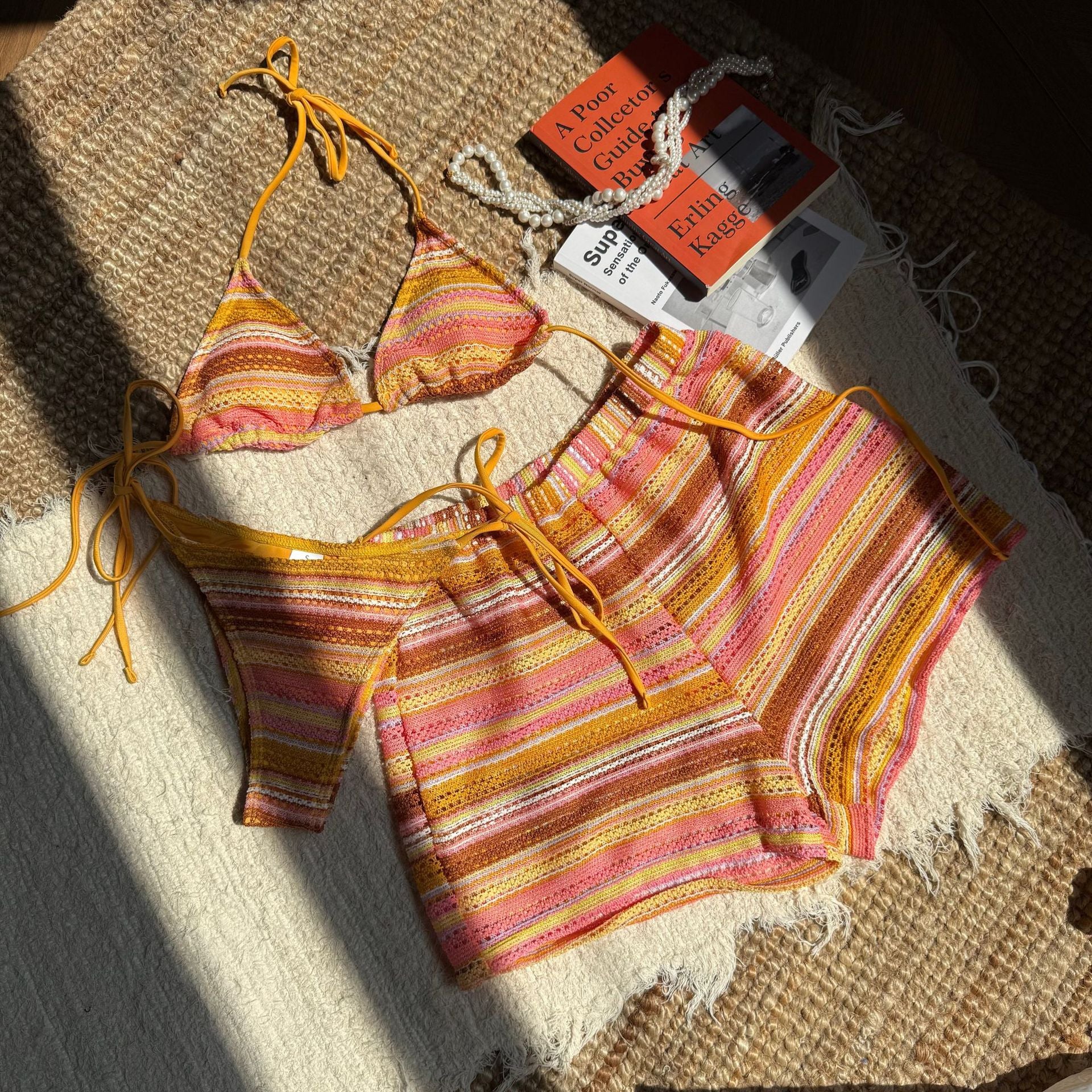 2026 European American Style Halter Knitted Bikini Set Three Piece Beach Shorts Swimsuit