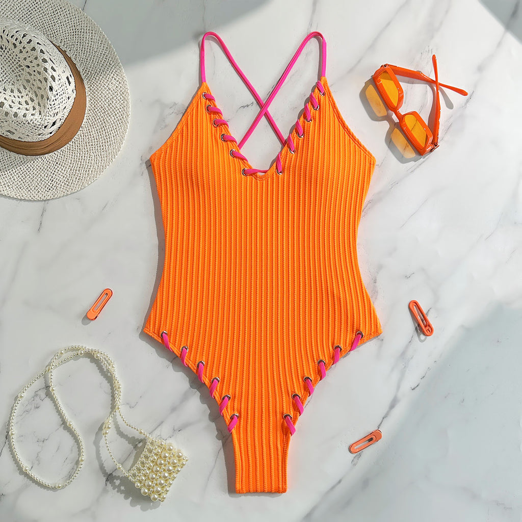 2026 Color Block Lace-Up Sexy One-Piece Swimsuit | Strappy Bikini Style