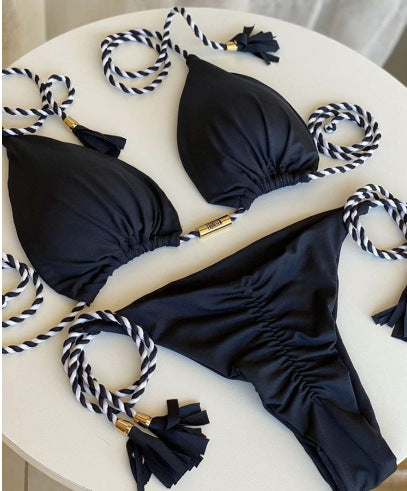 Sexy Vacation Bikini Set | Solid Color Braided String Split Swimwear for Hot Springs & Beach