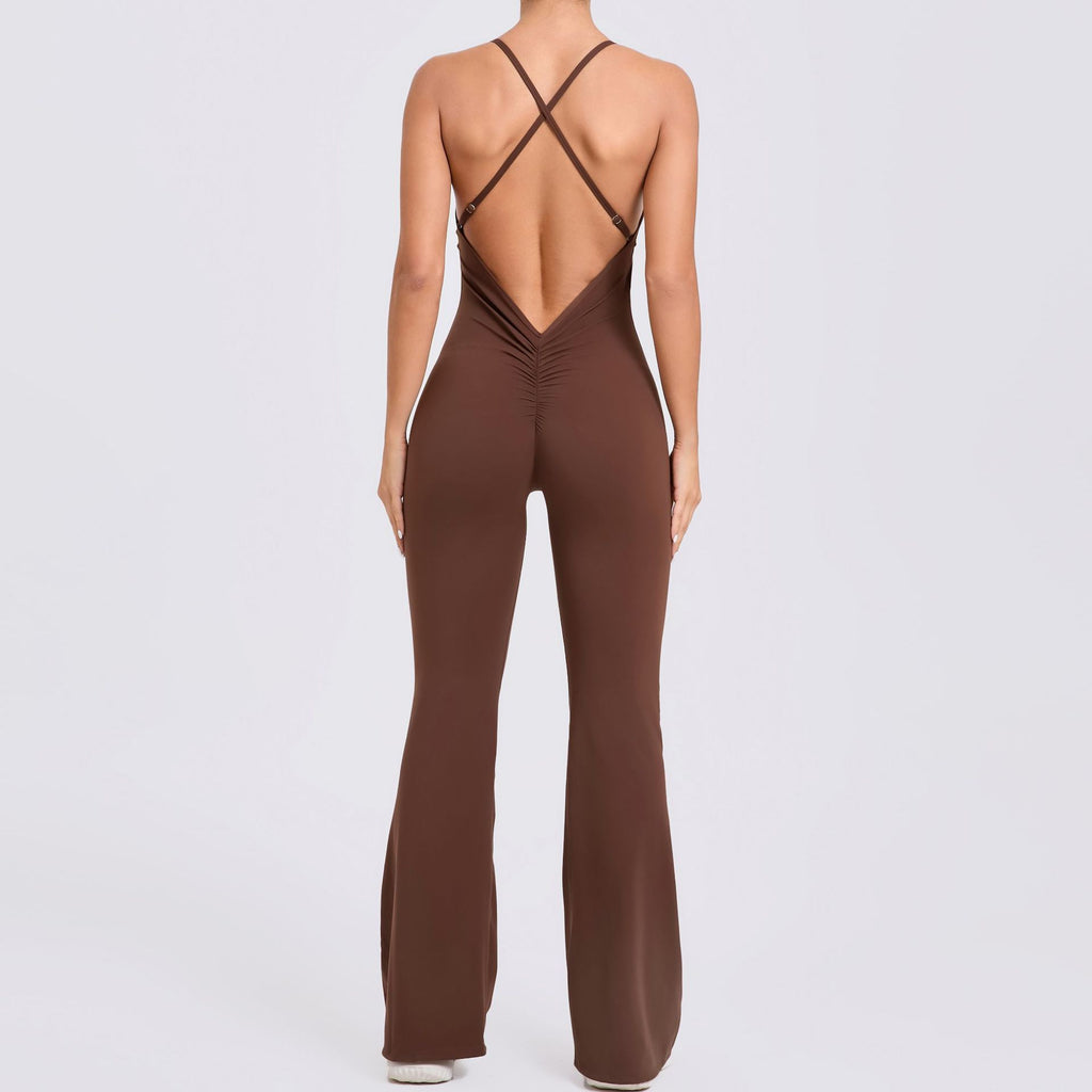 Adjustable Strap Flared Yoga Jumpsuit Cutout Lifting Fitness Bodysuit