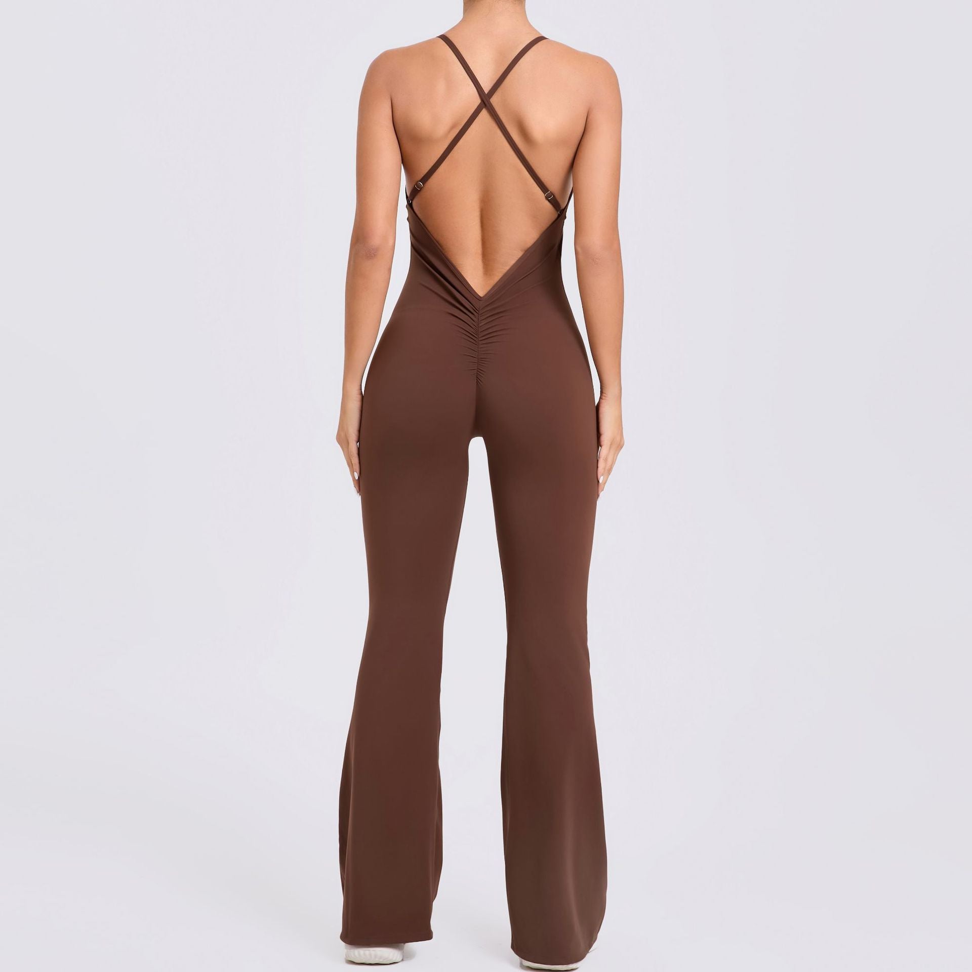 Adjustable Strap Flared Yoga Jumpsuit Cutout Lifting Fitness Bodysuit