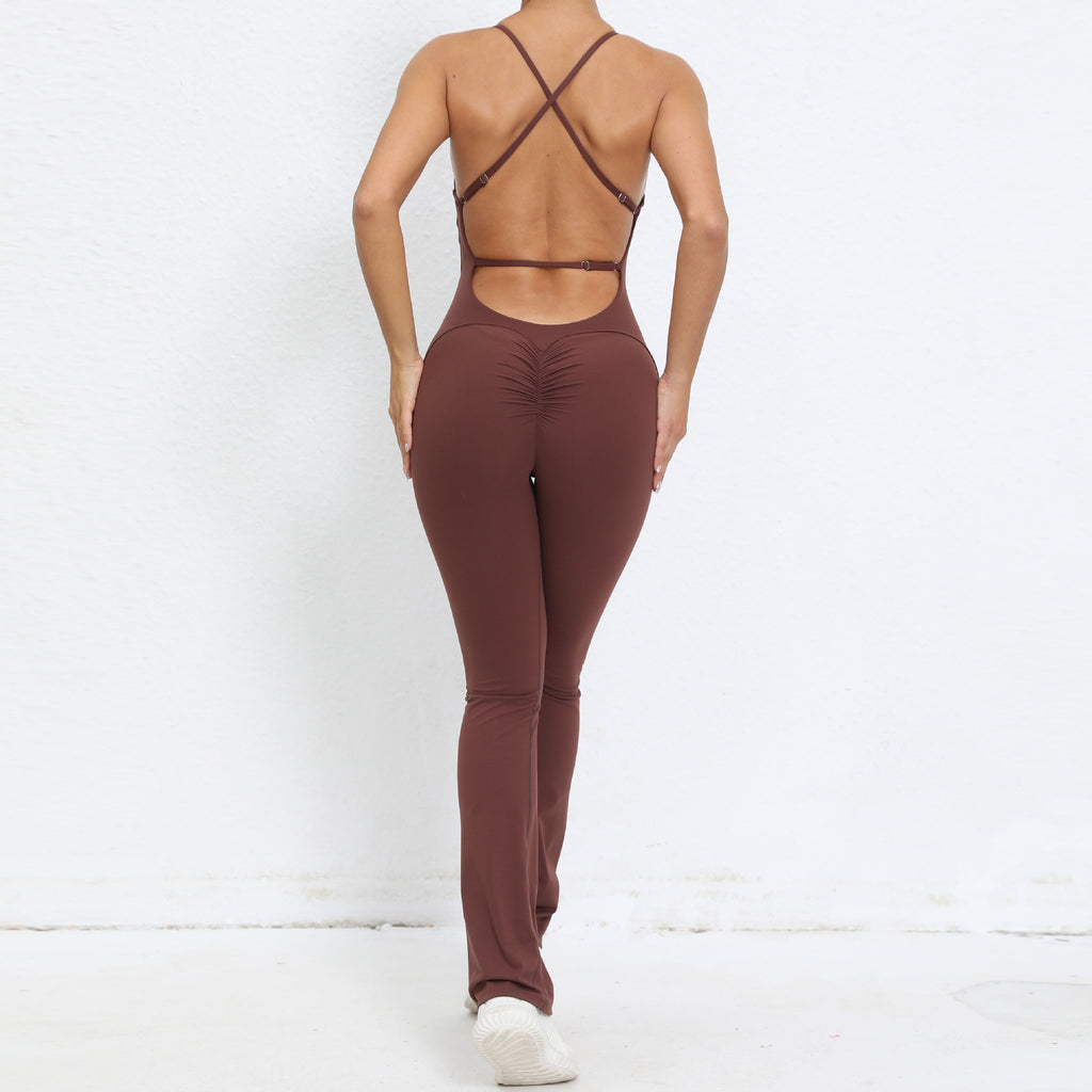 Adjustable Strap Backless Scrunch Butt Yoga Jumpsuit Slight Flare Fitness Wear