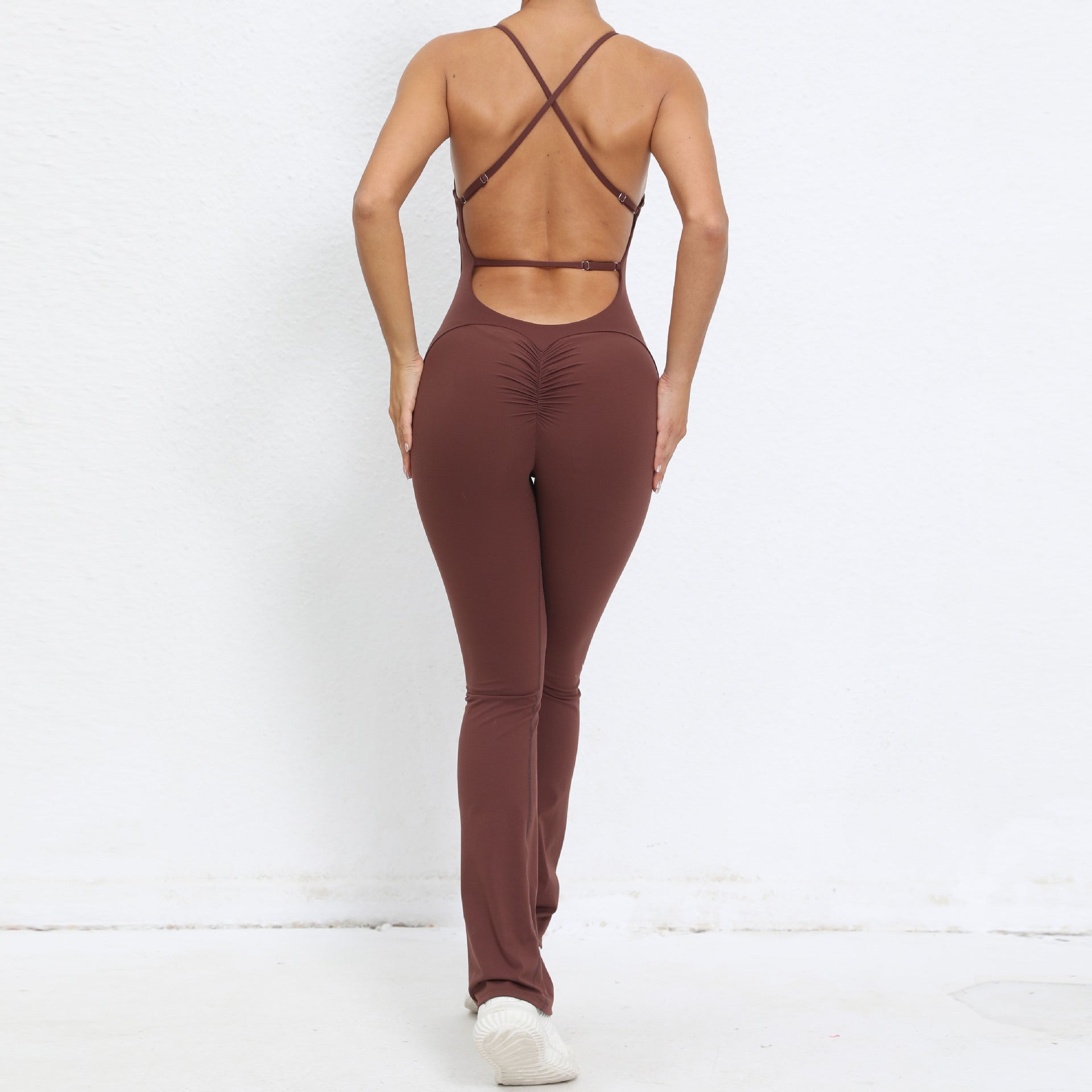 Adjustable Strap Backless Scrunch Butt Yoga Jumpsuit Slight Flare Fitness Wear