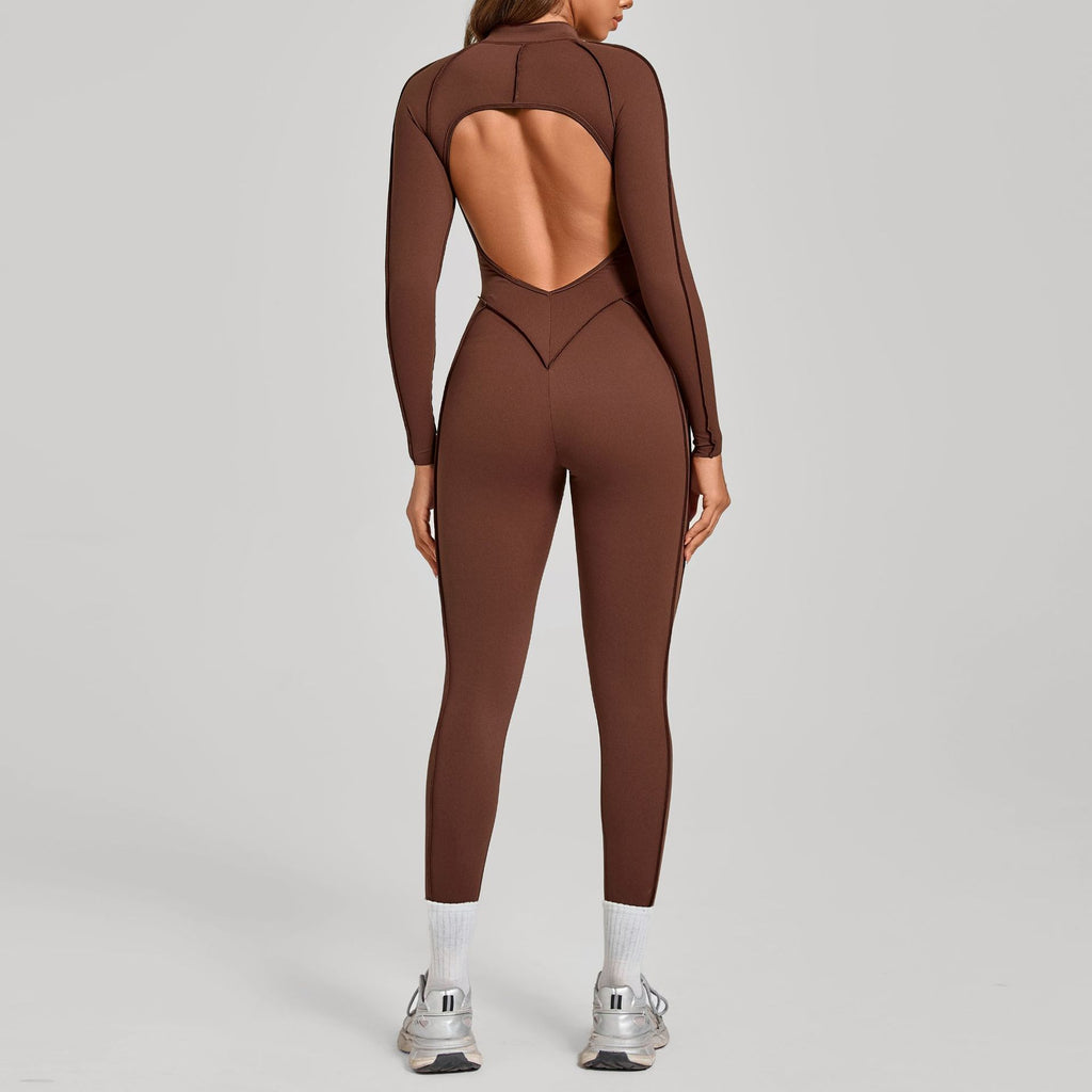 3D Panel Half-Zip Long Sleeve Yoga Jumpsuit Backless Tight Fitness One-Piece