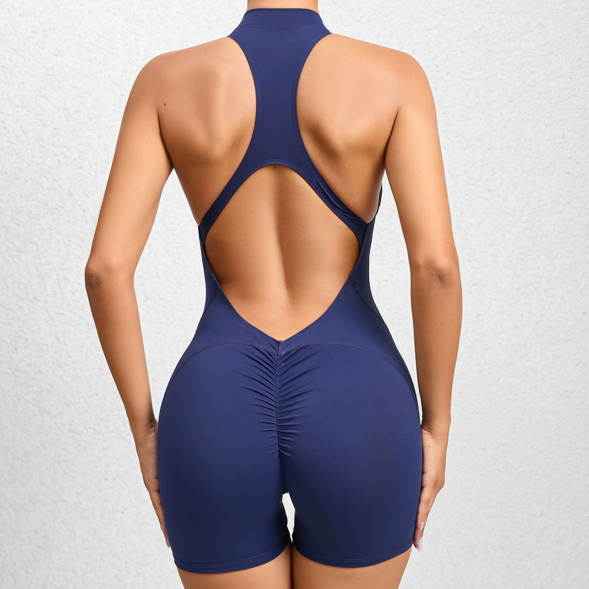 Seamless Zipper Yoga Jumpsuit Scrunch Butt Quick-Dry Ruched Fitness Bodysuit