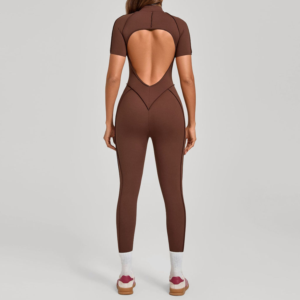 High-Neck Half-Zip Short Sleeve Yoga Jumpsuit Tummy Control Fitness Bodysuit
