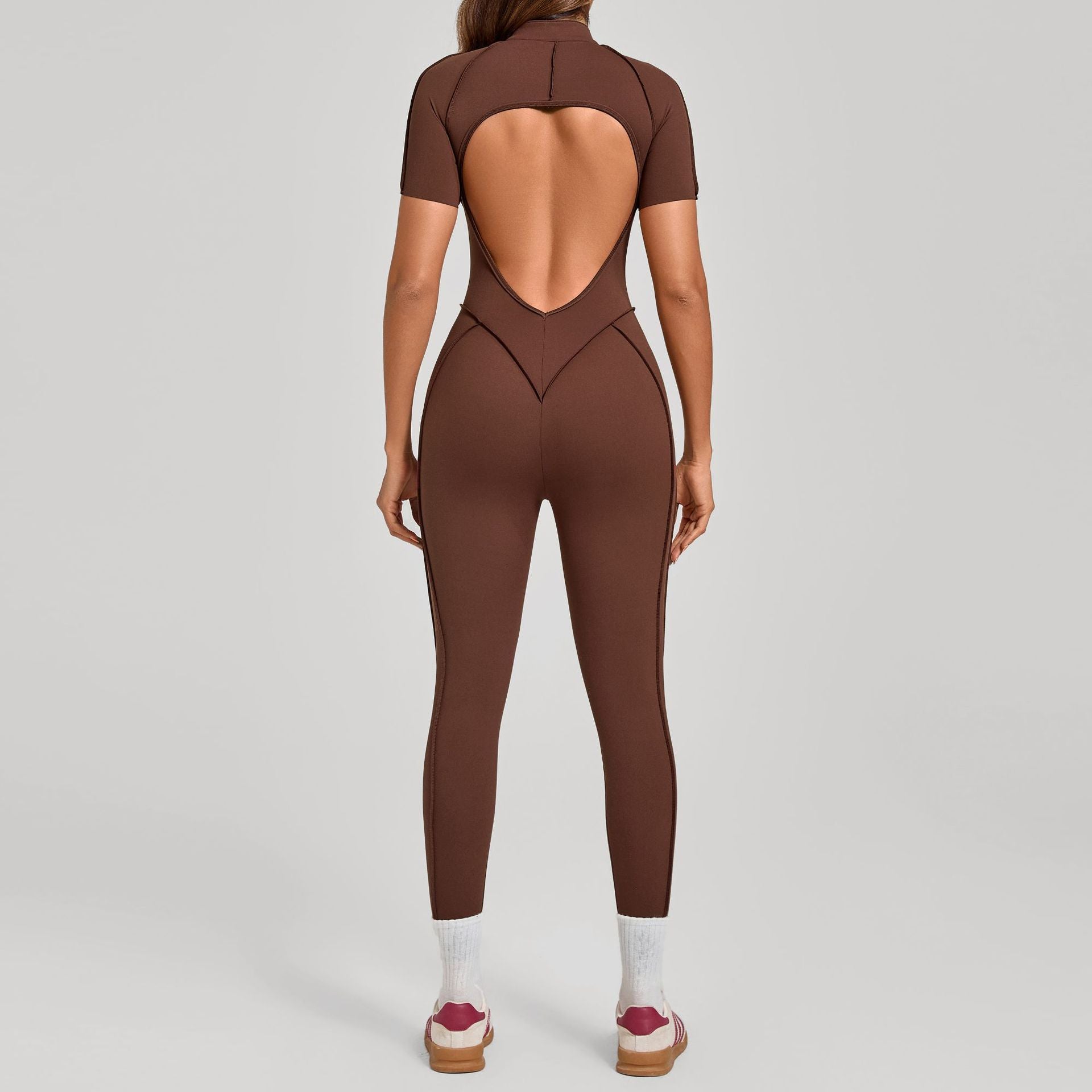 High-Neck Half-Zip Short Sleeve Yoga Jumpsuit Tummy Control Fitness Bodysuit