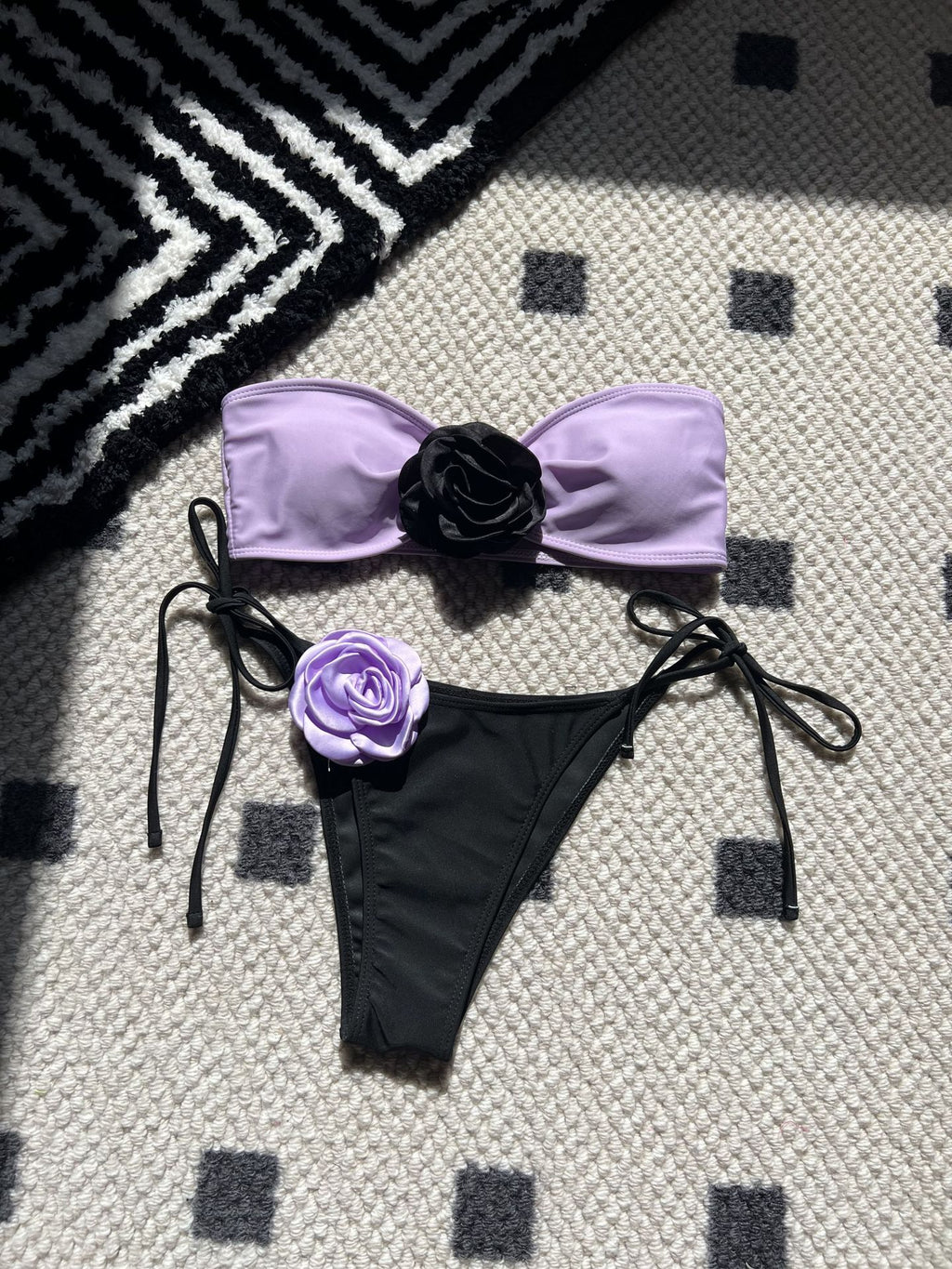 2026 Color Block Rose Bandeau Drawstring Bikini Set Two Piece Split Swimsuit