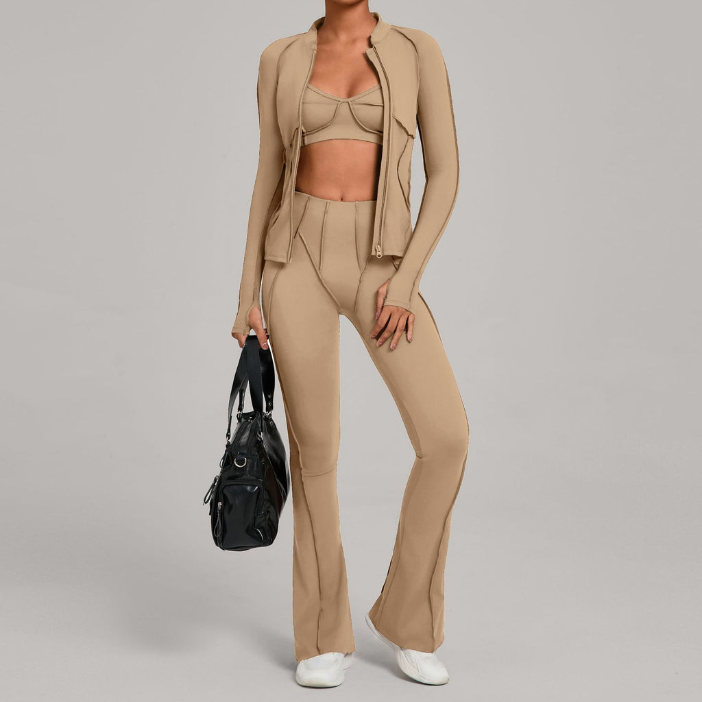 Zip-Up Brushed Yoga Set | Casual Running Fitness Tight Three-Piece Outfit