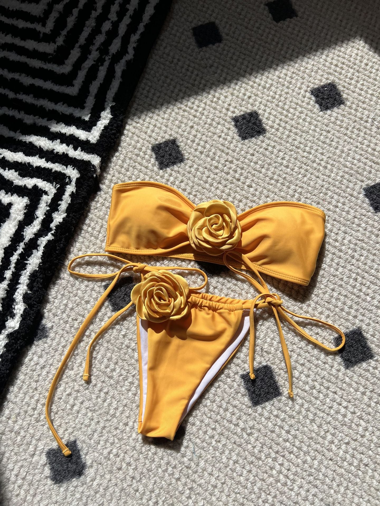 2026 Solid Color Rose Bandeau Drawstring Bikini Set Two Piece Split Swimsuit