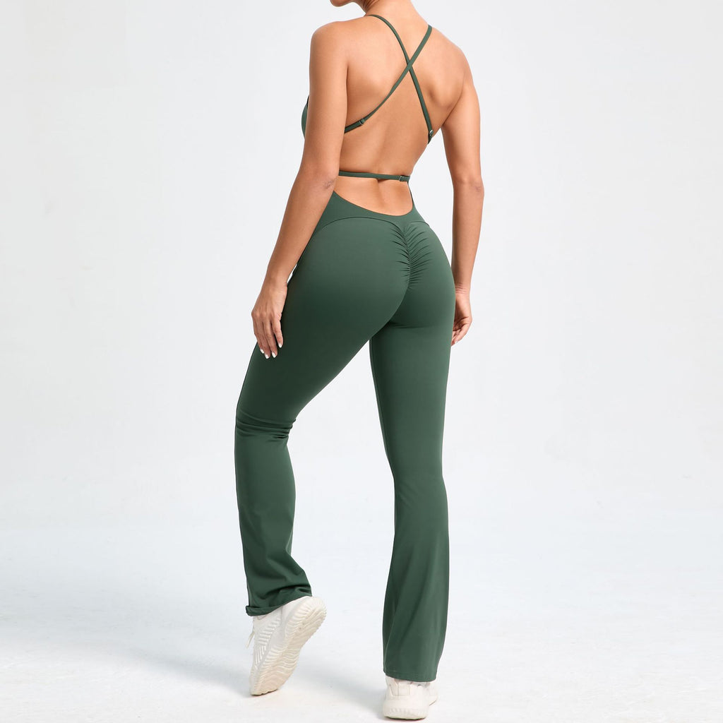 Adjustable Strap Backless Scrunch Butt Yoga Jumpsuit Slight Flare Fitness Wear
