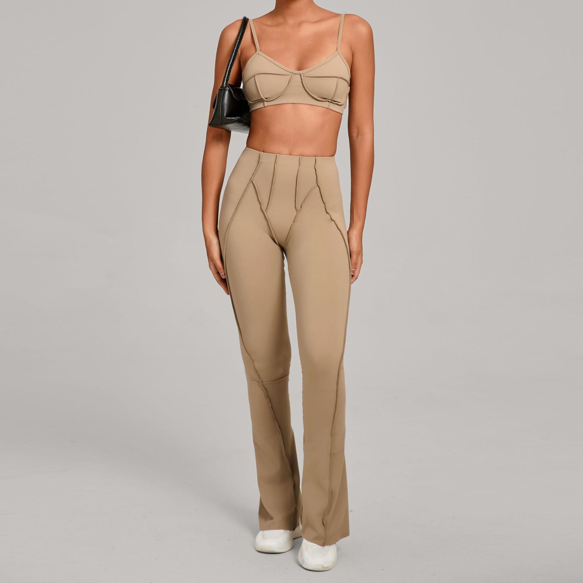 Brushed Sports Bra & Pants Yoga Set | 3D Patchwork Running Fitness Two-Piece