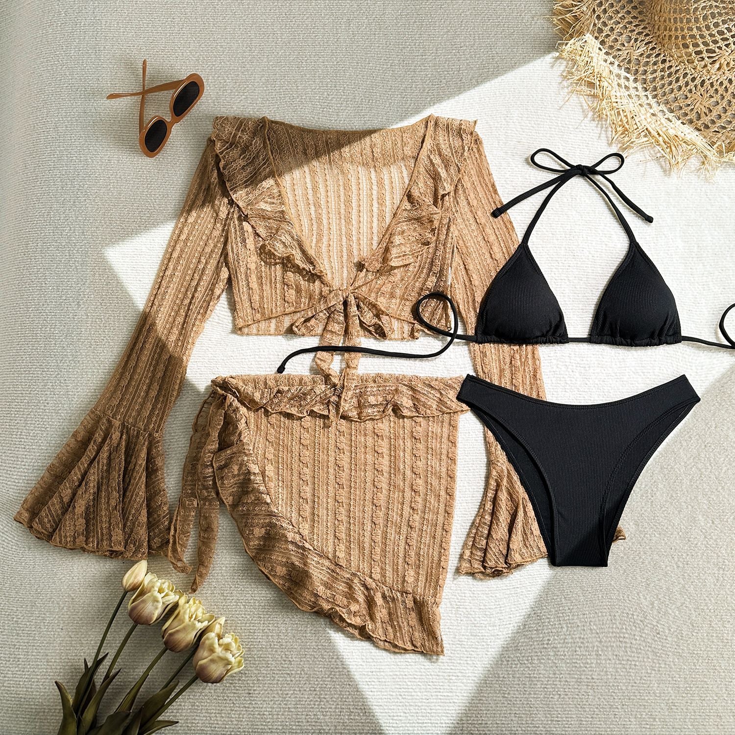 2026 Summer Sexy Nylon Shiny Metal Ring Bikini Set Backless Two Piece Swimsuit