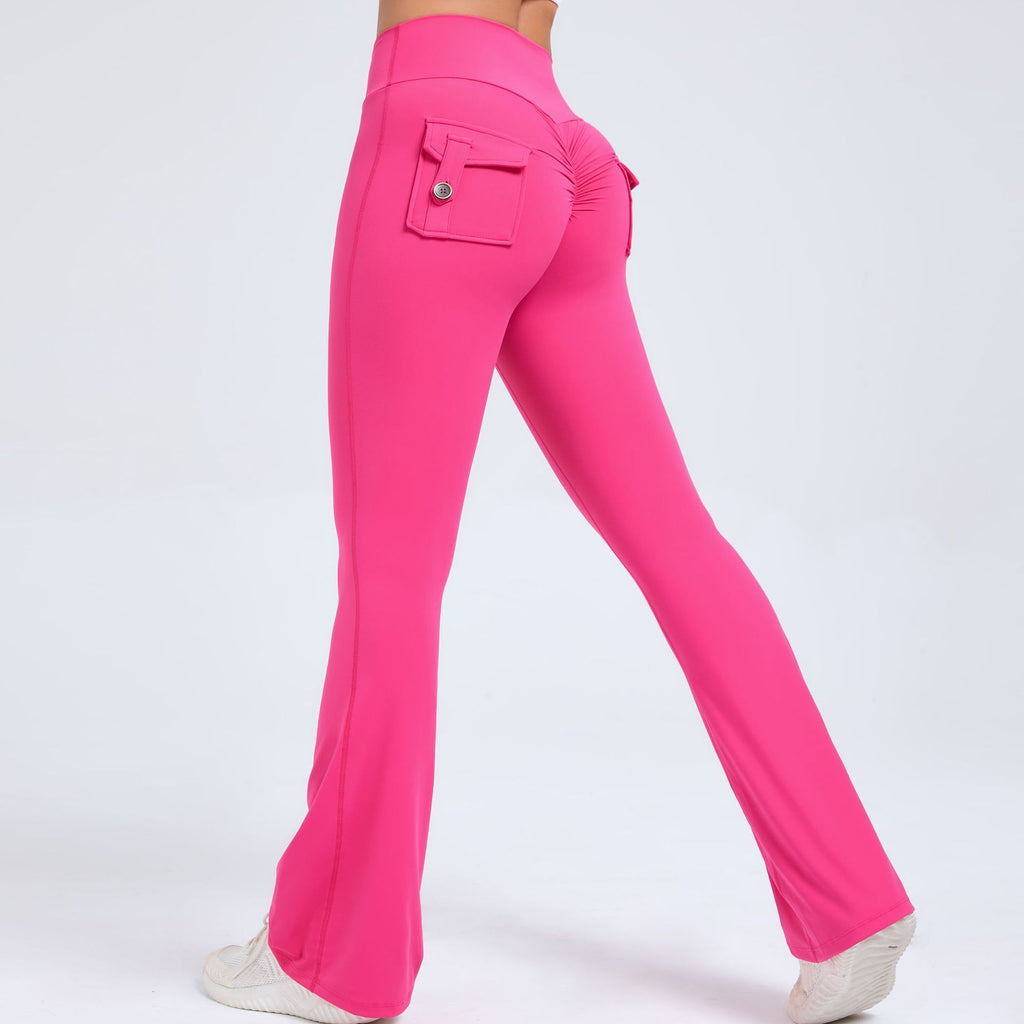 Buttoned Peach-Lift Yoga Flare Pants | High-Waist Quick-Dry Fitness Bell Bottoms for Women