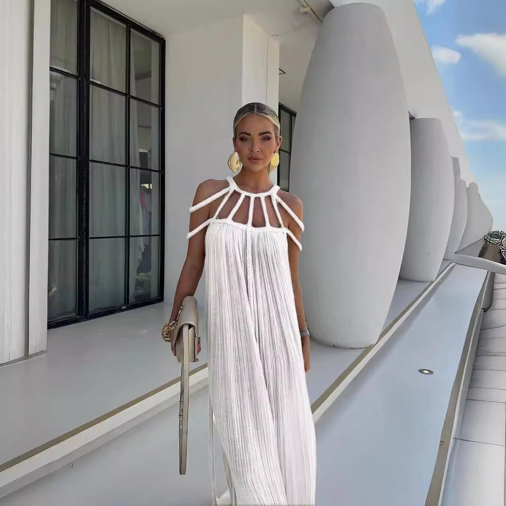 2026 Spring Tie Up Off Shoulder Halter Neck Loose Beach Vacation Dress