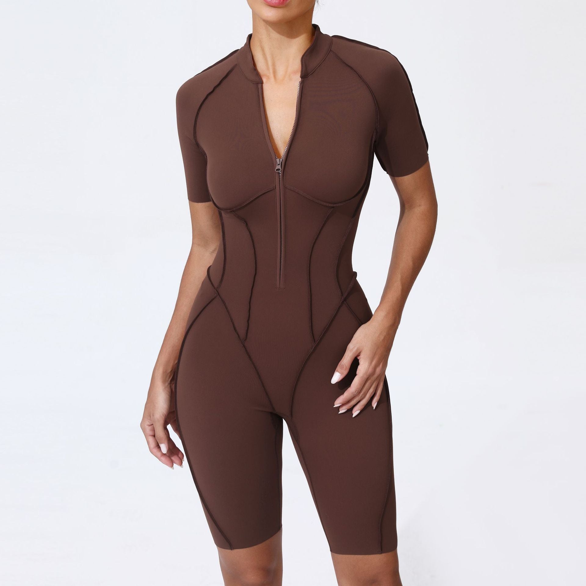 New Tight-Fit Zipper Short Sleeve Yoga Jumpsuit One-Piece Activewear