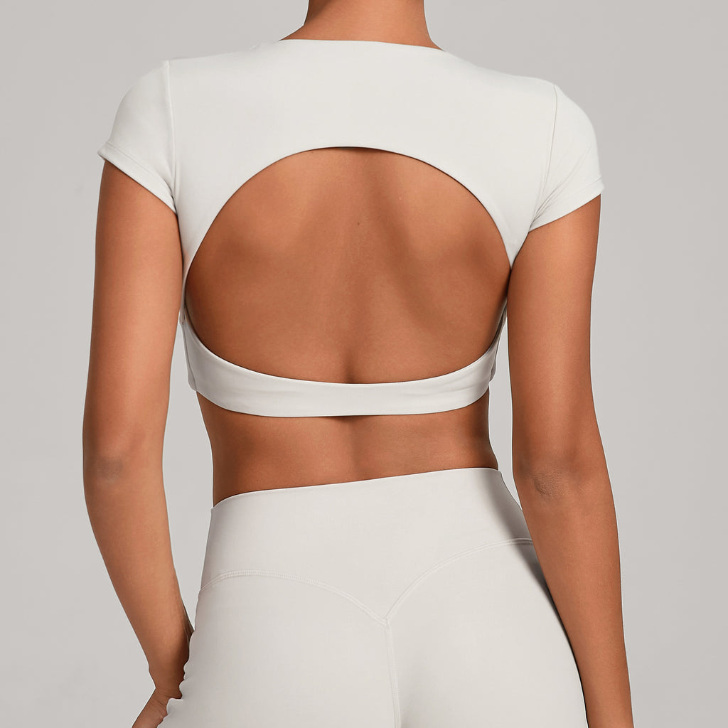 Backless Running Yoga Top｜Double-Stitched Tight Fit No-Bra Short Sleeve Activewear for Women