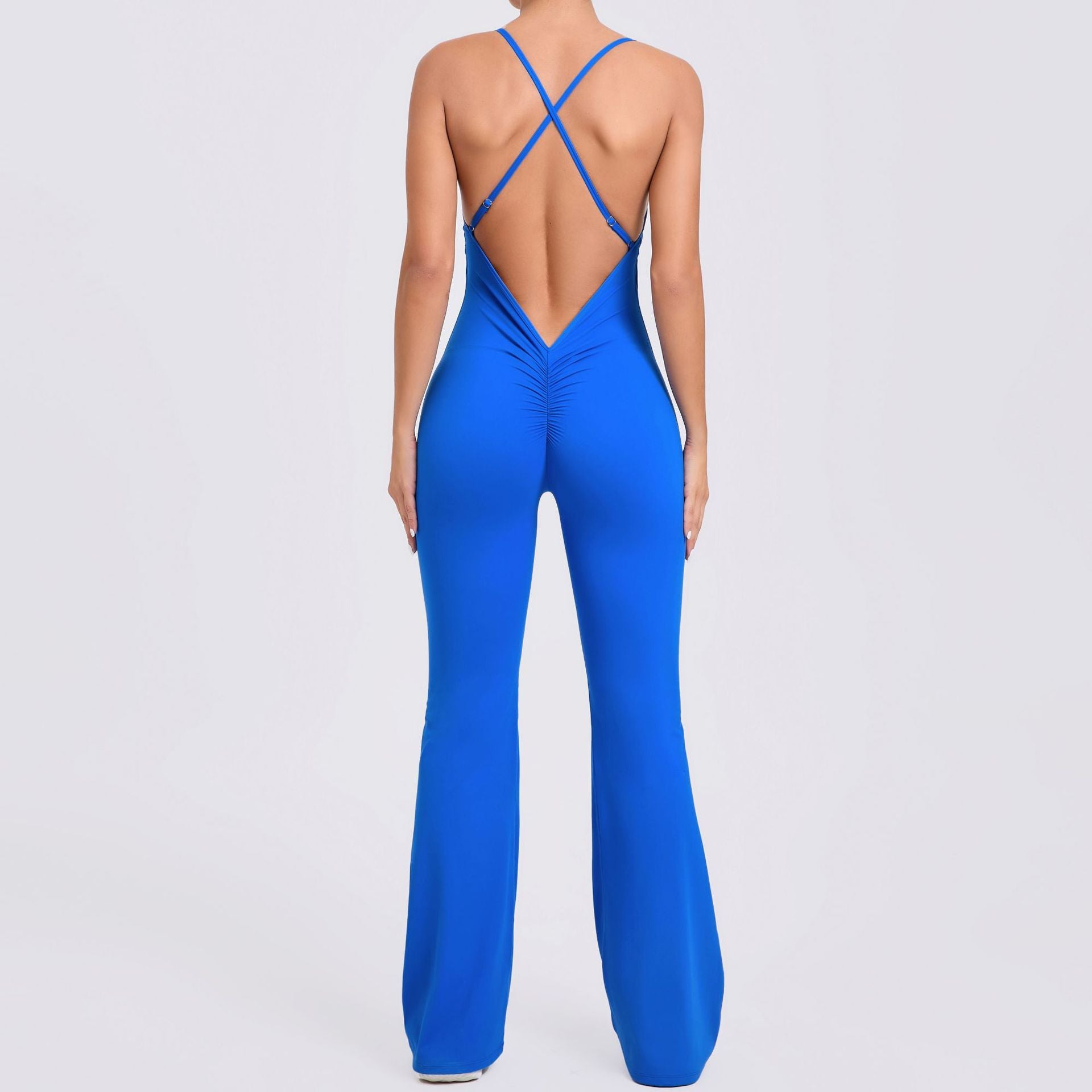Adjustable Strap Flared Yoga Jumpsuit Cutout Lifting Fitness Bodysuit